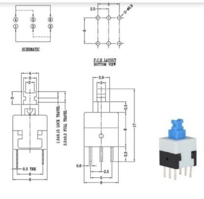 7x7mm 6 Pin DPDT Self-Lock Push to On Button Switch E-Switch Blue 2pcs pkg - Image 3